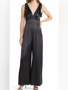 Eliza J Black Satin Plunge Wide-Leg Jumpsuit